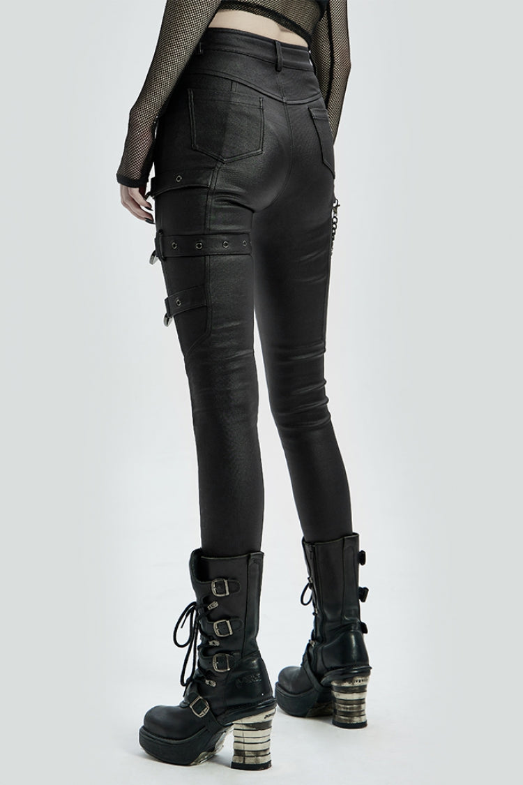 Black Faux Leather Metal Love Lock Buckles Women's Steampunk Pants - Product - 3