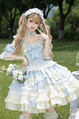 [Icy Blue Milky Wave] Square Collar Multi-Layered Printed Ruffled Bow Lace Sweet Lolita Dress Set - Blue - 1