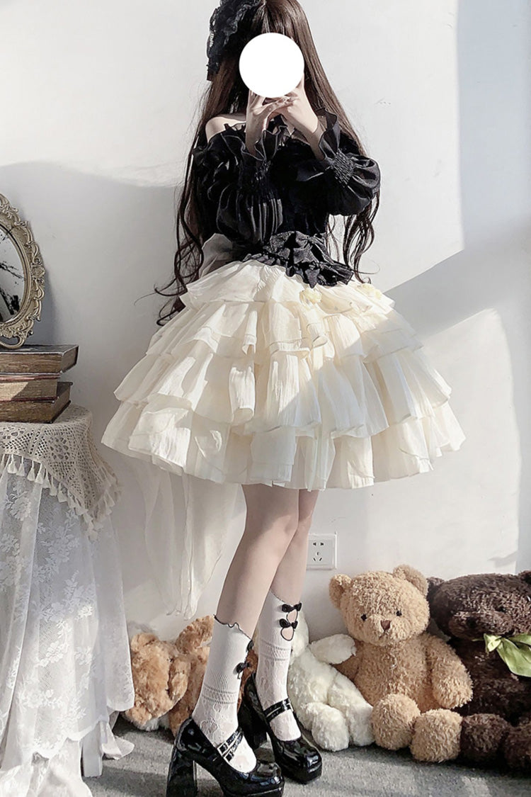 Black Top and Apricot Bowknot Sweet Princess Lolita Layered Skirt Dress - Product - 10