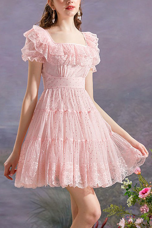 Pink Vintage Square Collar Ruffled Princess Short Sleeve Dot Print High Waisted Mesh Sweet Lolita Dress - Pink - 4