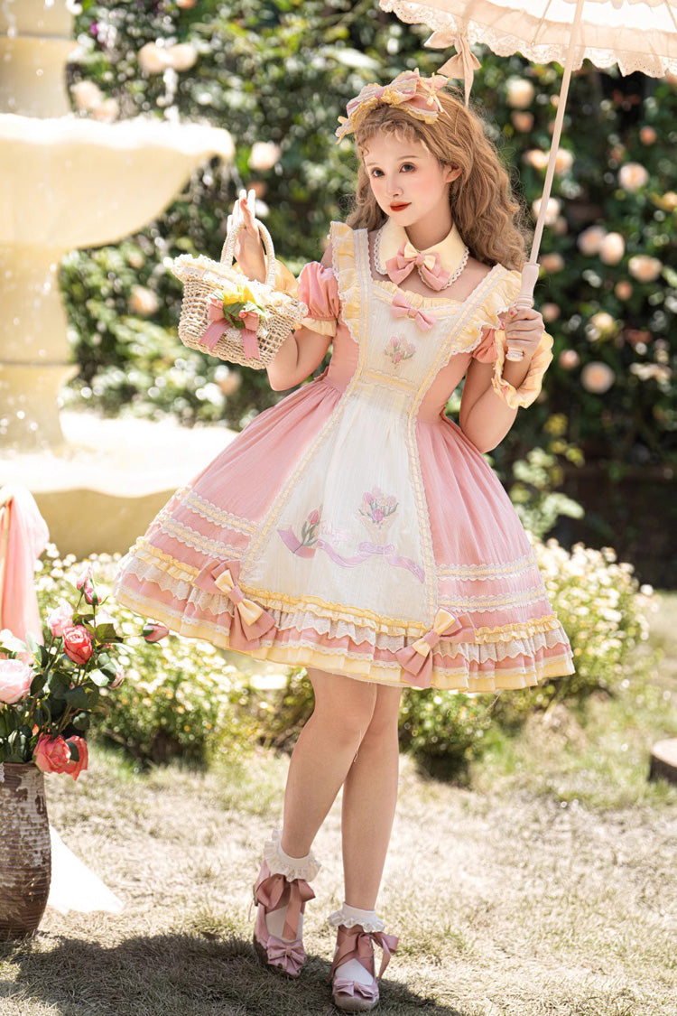 Pink Short Sleeves Tulip Print Ruffle Bowknot Sweet Lolita Dress - Product - 2