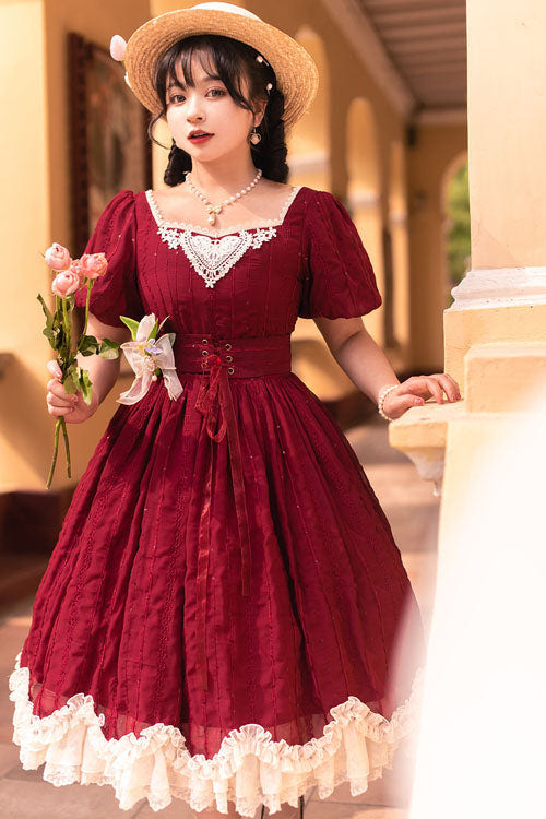 Wine Elegant Vintage Square Collar Short Sleeves Multi-Layer Ruffled Classic Lolita OP Dress - Product - 2