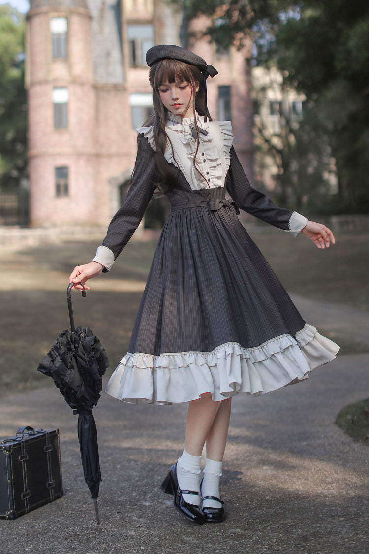 Dark Blue [Berlin Evening News] Long Sleeves Striped Print Ruffle Bowknot British College Style Elegant Sweet Lolita Dress - Product - 13