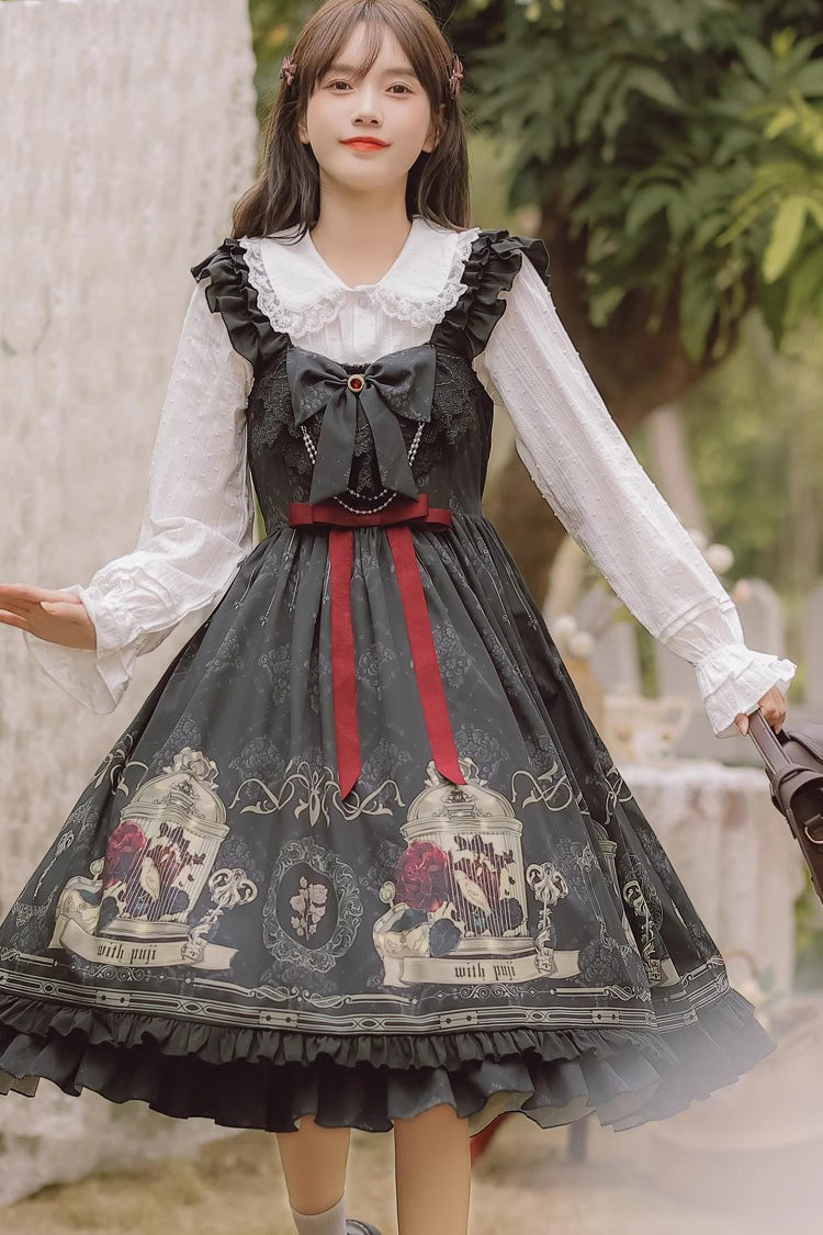 Black Birdcage Rose Print Ruffle Bowknot Gothic Princess Lolita Dress - Product - 4