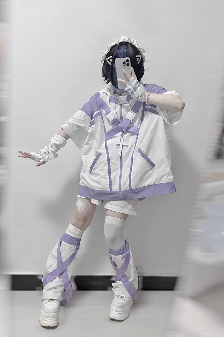 White/Purple Cyberpunk Functional Print Hooded Jirai Kei Japanese Sports Coat - Product - 3