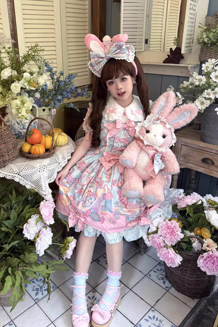 Blue/Pink [Rainbow Buffy Bunny] Sleeveless Double-Layered Ribbon Doll Printed Ruffled Bow Sweet Lolita Jsk Dress Set - Product - 4