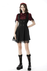 Wine Red Point Collar Short Puff Sleeves Ruffled Women's Gothic Elegant Blouse - Product - 8