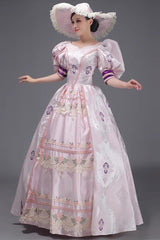Pink European Court Short Sleeves Print Embroidery Cardigan Sweet Vintage Princess Victorian Dress - Product - 4