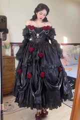 Black Tana Manor Rose Flower Long Sleeves Ruffle Bowknot Elegant Gothic Princess Lolita Strapless Dress - Product - 3