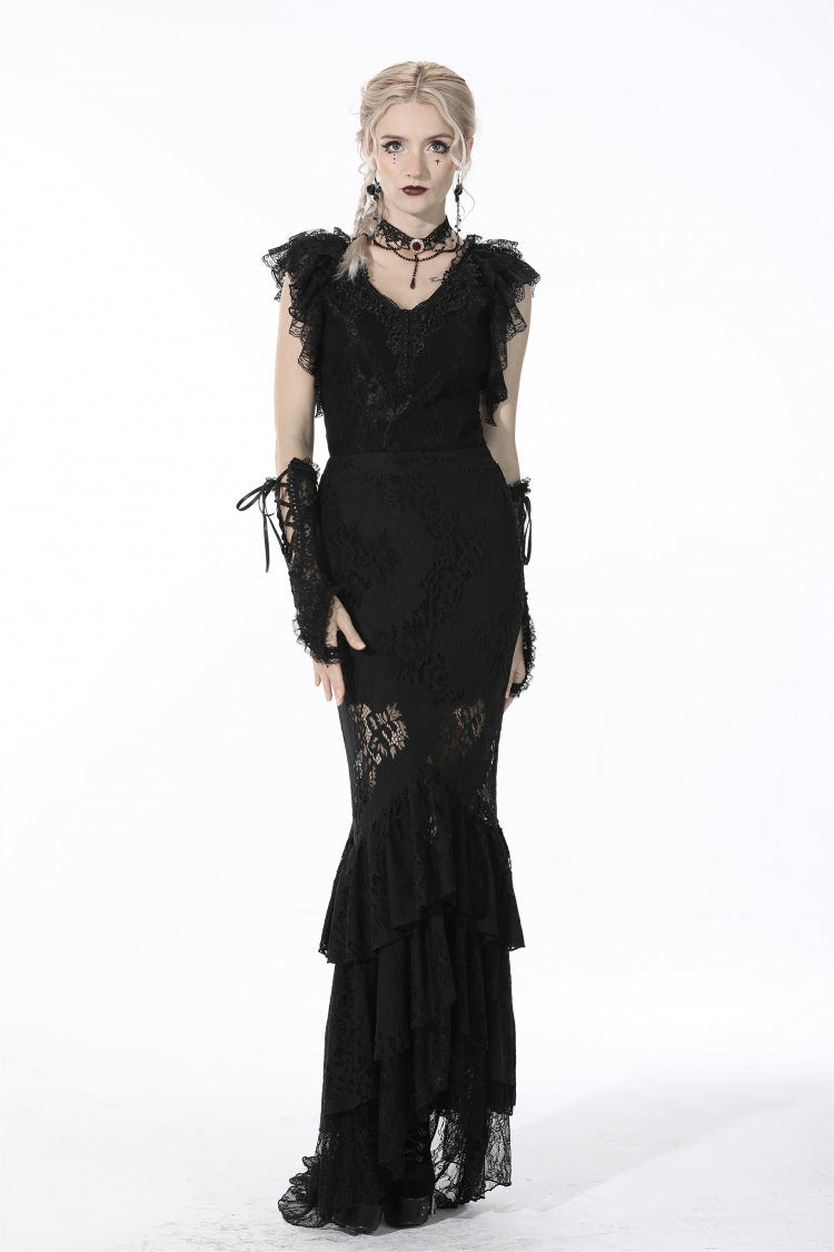 Black Women's Gothic Multi-Layered Lace Lace-Up Mermaid Maxi Skirt - Product - 5