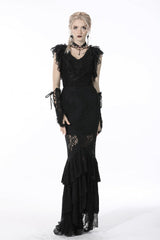 Black Women's Gothic Multi-Layered Lace Lace-Up Mermaid Maxi Skirt - Product - 5