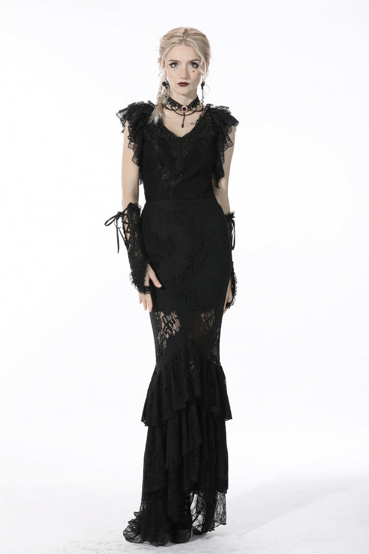 Black Women's Gothic Multi-Layered Lace Lace-Up Mermaid Maxi Skirt - Product - 5