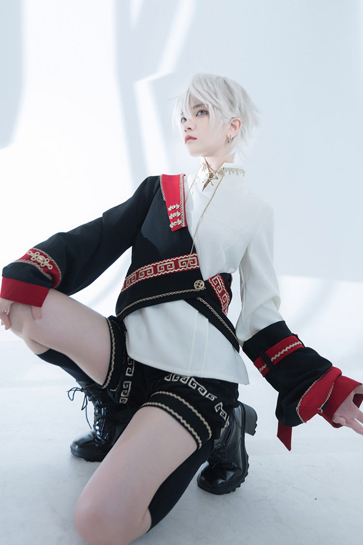 [Cangzhu] Stand Collar Long Sleeves Embroidered Asymmetric Classic Chinese Inspired Vintage Ouji Lolita Shorts Set - Product - 12