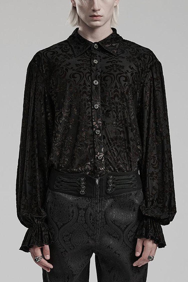 Black Lapel Collar Long Trumpet Sleeves Bronzing Pattern Print Mens Gothic Gorgeous Blouse - Black - 1