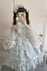 Blue [Silk Satin Gift Box] Square Collar Sleeveless Multi-Layered Ruffled Bow Lace Sweet Lolita Jsk Dress - Product - 5