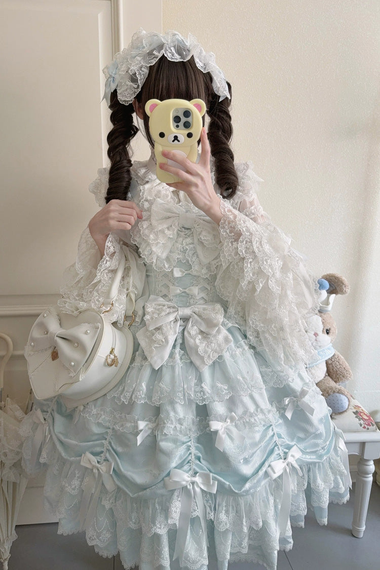 Blue [Silk Satin Gift Box] Square Collar Sleeveless Multi-Layered Ruffled Bow Lace Sweet Lolita Jsk Dress - Product - 5