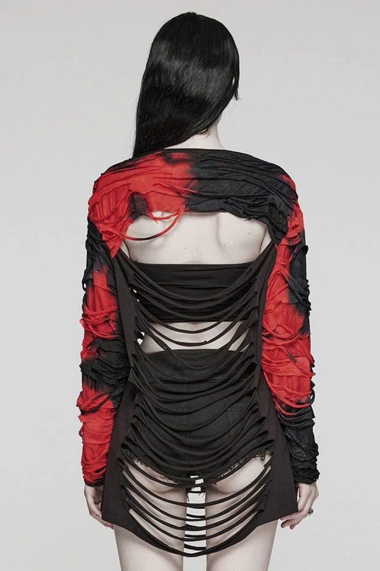 Red/Black Tie Dye Long Sleeves Hollow Womens Steampunk T-Shirt - Product - 3