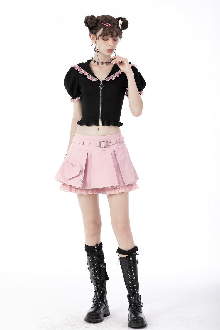 Black/Pink Short Puff Sleeves Lace Ruffled Lace-Up Zippered Women's Lolita Gothic Crop Top with Cat Hood - Product - 8