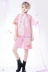 Pink Romance Print Lapel Collar loose Ouji Lolita Short Sleeves - Product - 3