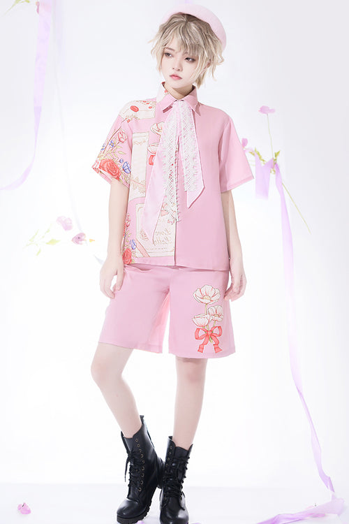 Pink Romance Print Lapel Collar loose Ouji Lolita Short Sleeves - Product - 3