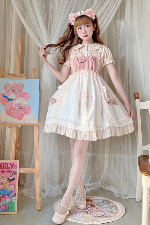 Beige Ruffled Bow Cute Bear Print High Waisted Sweet Lolita JSK Dress - Product - 2