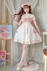 Beige Ruffled Bow Cute Bear Print High Waisted Sweet Lolita JSK Dress - Product - 2