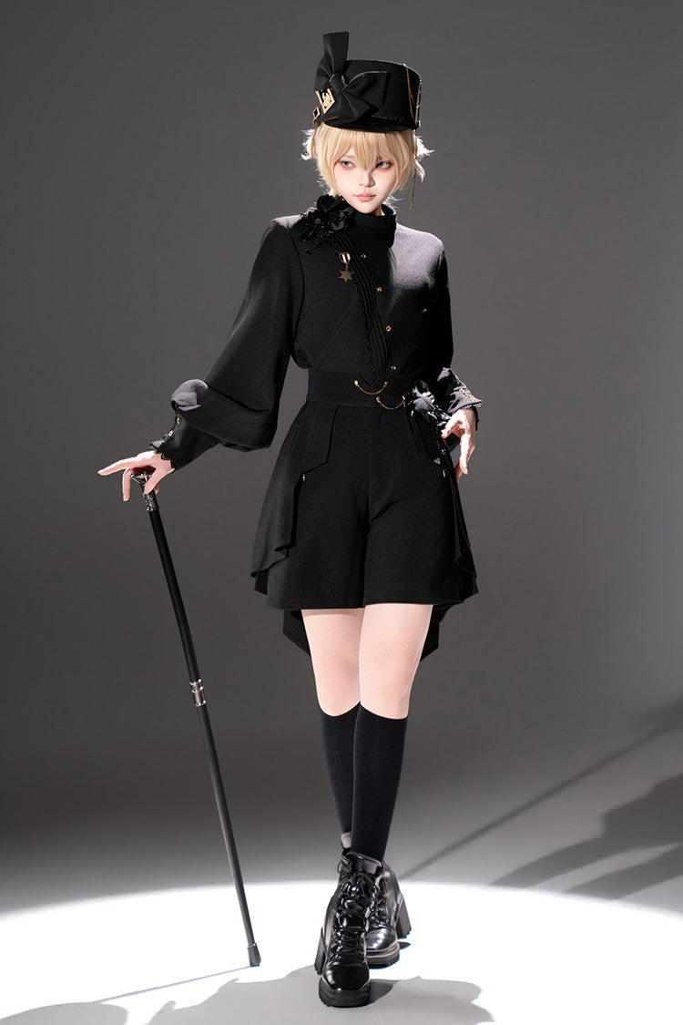 Black [Will of the Rose] Round Collar Long Sleeves Asymmetric Gothic Vintage Elegant Knight Prince Ouji Lolita Blouse Shorts Set - Product - 8