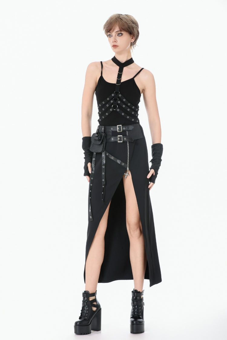 Black Women's Punk Halter Eyelet Chest Harness - Black - 1