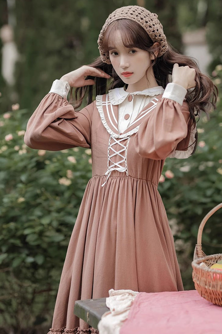 Brown Long Sleeves Multi-layer Ruffle Two Fake Pieces Sweet (Dress Only) detail view 10