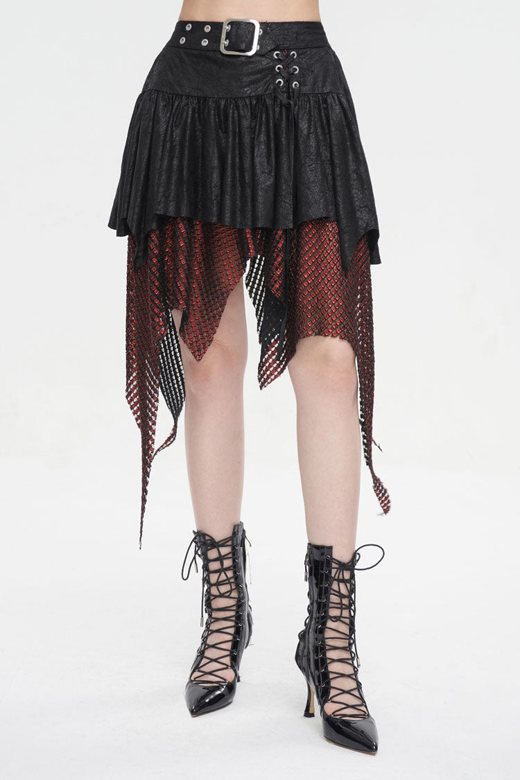 Red/Black Lrregular Mesh Splice Buckle Women's Gothic Skirt - Product - 2