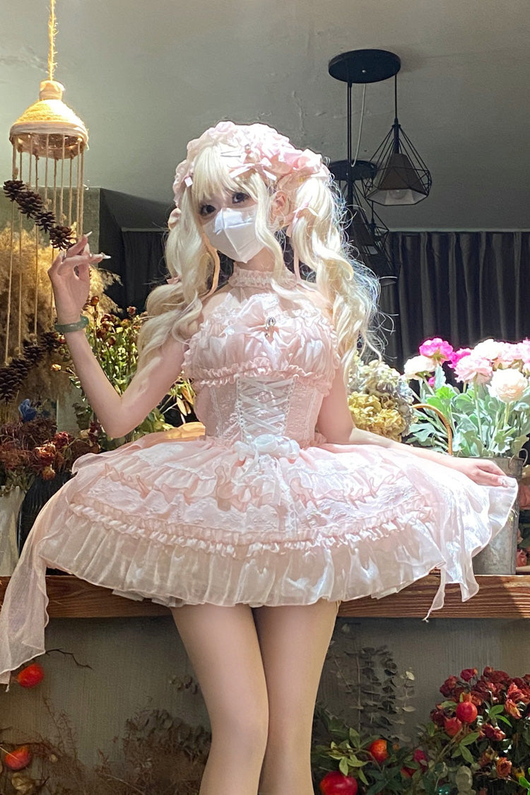 Pink Halterneck Triple-Layered Bowknot Lace Sweet Lolita Jsk Dress - Product - 5