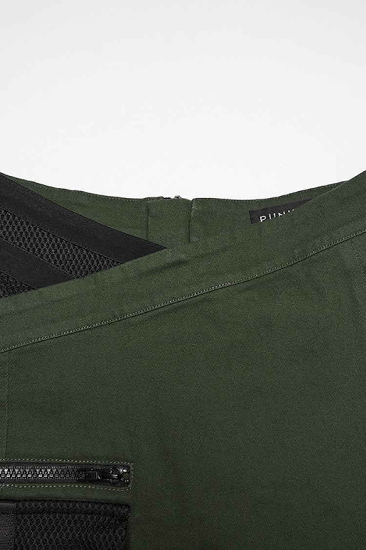 Black/Green Lace-Up Slim Asymmetric Zippered Eyelet Women's Punk Handsome Skirt - Product - 8
