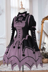 Black / Purple Round Collar Ruffled Long Sleeves Waist Irregular Hem Imp Sweet Lolita OP Dress Full Set - Product - 9