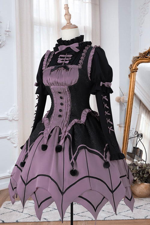 Black / Purple Round Collar Ruffled Long Sleeves Waist Irregular Hem Imp Sweet Lolita OP Dress Full Set - Product - 9