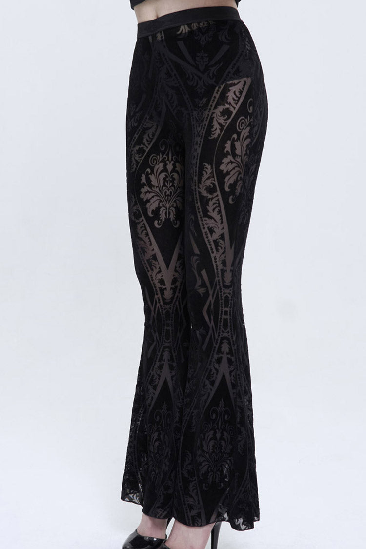 Black Flocked Printed Fabric Elastic Jacquard Elastic at Waist Flared Women's Punk Pants - Product - 2