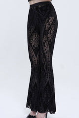 Black Flocked Printed Fabric Elastic Jacquard Elastic at Waist Flared Women's Punk Pants - Product - 2