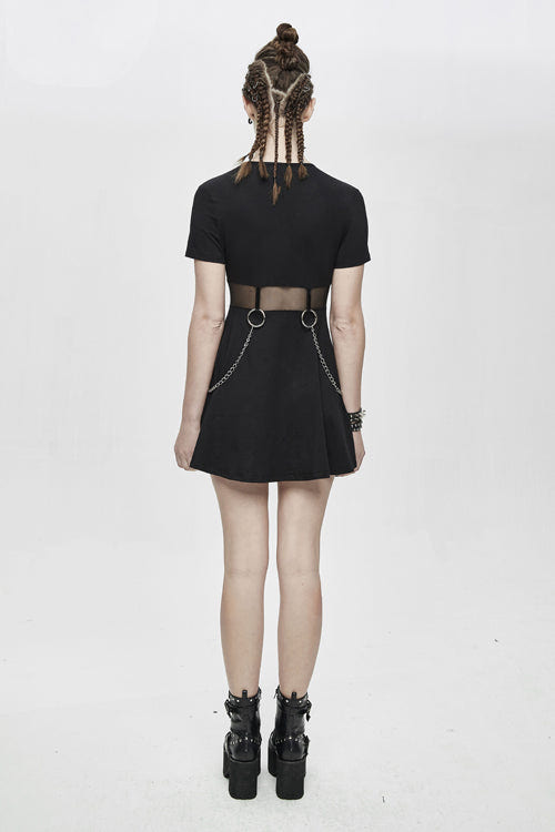 Black Mesh Waist Pure Cotton Stretchy Punk Womens Dress With Chains - Product - 6