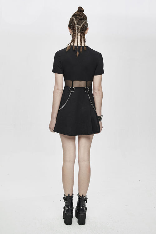 Black Mesh Waist Pure Cotton Stretchy Punk Womens Dress With Chains - Product - 6