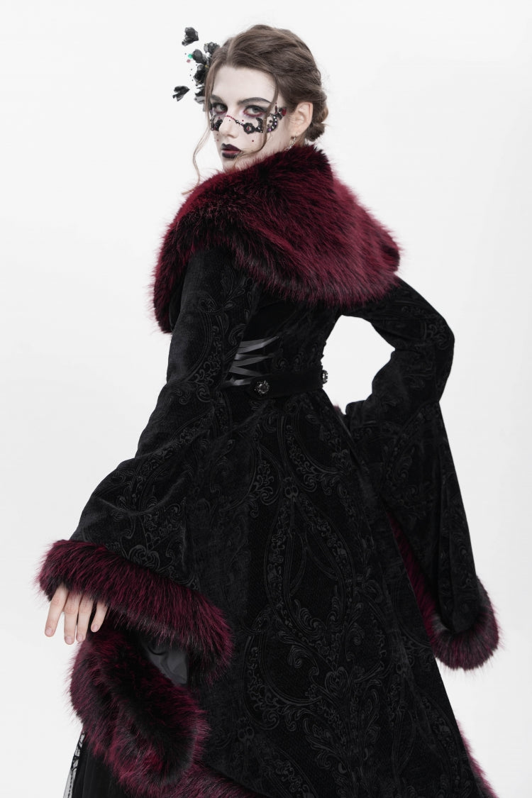 Red Long Sleeves Floral Embroidery Women's Gothic Fluffy Coat - Product - 3