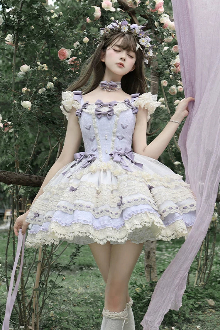 [Wind Chime Poem] Square Collar Flutter Sleeves Triple-Layered Printed Ruffled Bow Sweet Lolita Jsk Dress 4 Colors (Blue, Pink, Purple, Green) - Product - 2