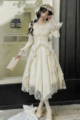 Ivory [White Tea] Long Sleeves Ruffle Bowknot Lace Irregular Classic Princess Lolita Dress - Product - 6
