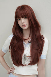 Smoky Reddish Brown Full Air Bangs Multi-Layered Butterfly Cut Sweet Lolita Wig - Smoky-Reddish-Brown - 1