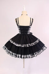 Black/White Plaid Print Color Contrast Leather Buckle Bowknot Ruffle Gothic Lolita JSK Dress - Product - 5