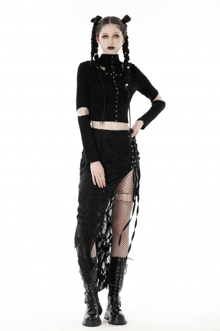 Black Lace-Up Ripped Women's Punk Split Long Skirt - Product - 7