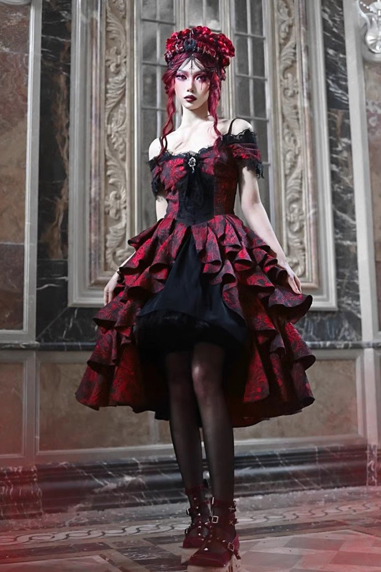 Black/Red Feast in Hades Short Sleeves Print Ruffle Cardigan Gothic Lolita Dress - Product - 5