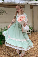 Green V Collar Short Sleeves Ruffled Lace Sweet Plus Size Lolita Dress - Product - 2