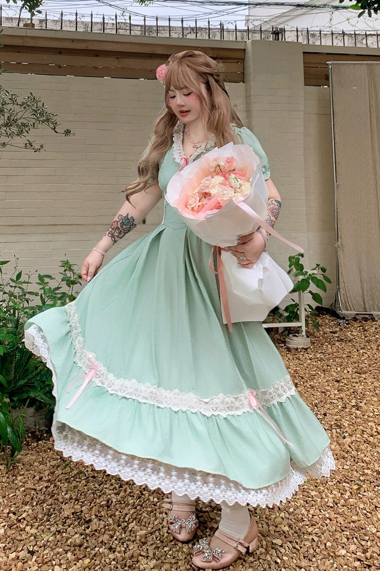 Green V Collar Short Sleeves Ruffled Lace Sweet Plus Size Lolita Dress - Product - 2