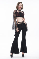 Black Low-Rise Lace Gem-Embellished Bilateral Lace-Up Cutout Flared Women's Gothic Pants - Product - 5