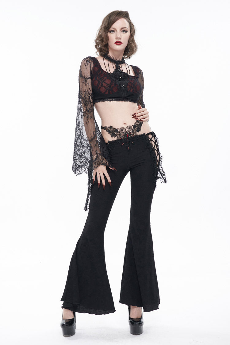Black Low-Rise Lace Gem-Embellished Bilateral Lace-Up Cutout Flared Women's Gothic Pants - Product - 5