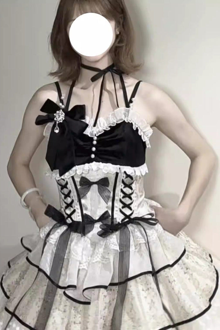 Black/Apricot [Holiday Ball] Sleeveless Multi-Layered Printed Ruffled Bow Lace Ballet Sweet Lolita Jsk Dress - Product - 2